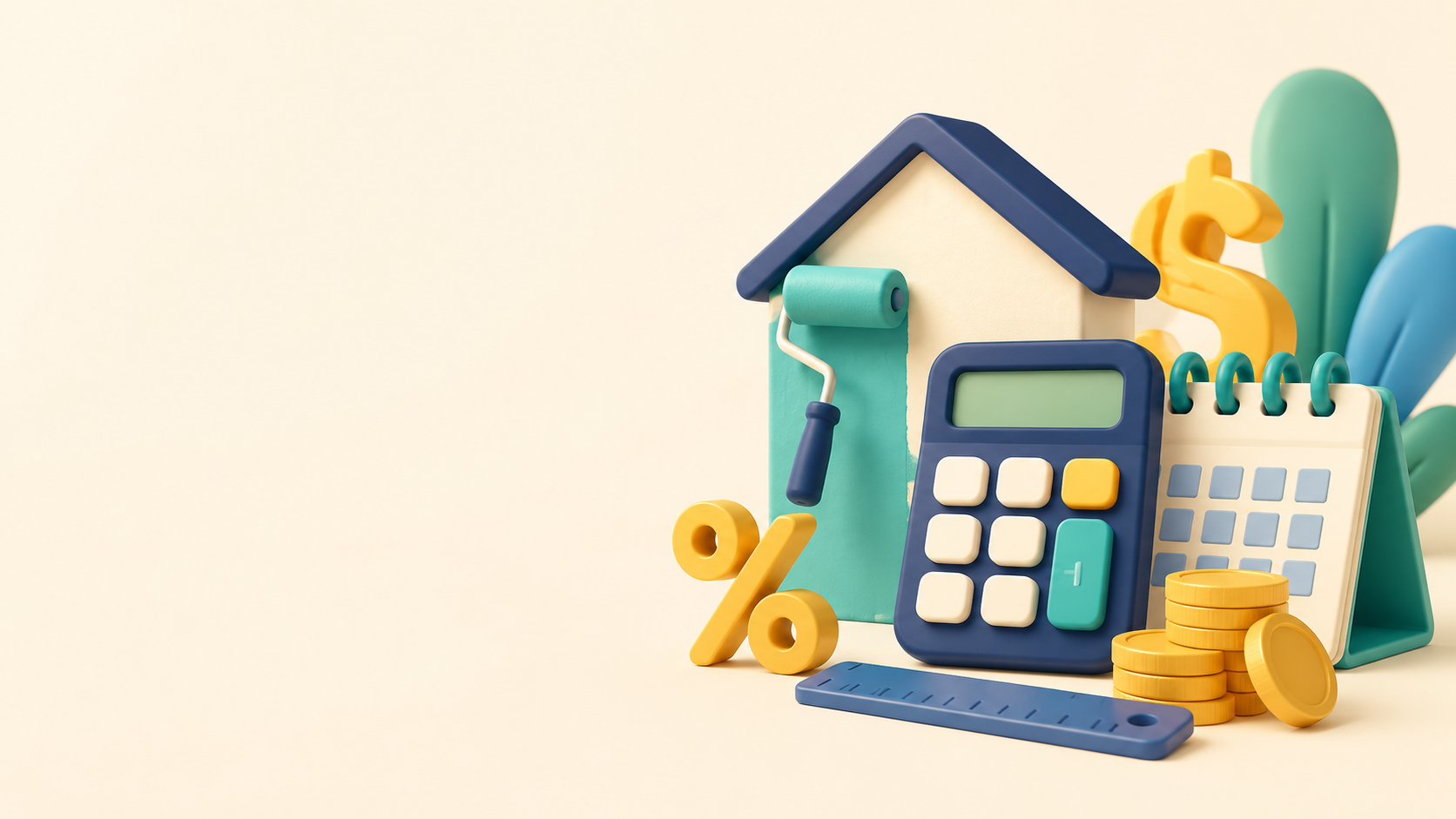 Ilustração com calculadora, casa, tinta e moedas